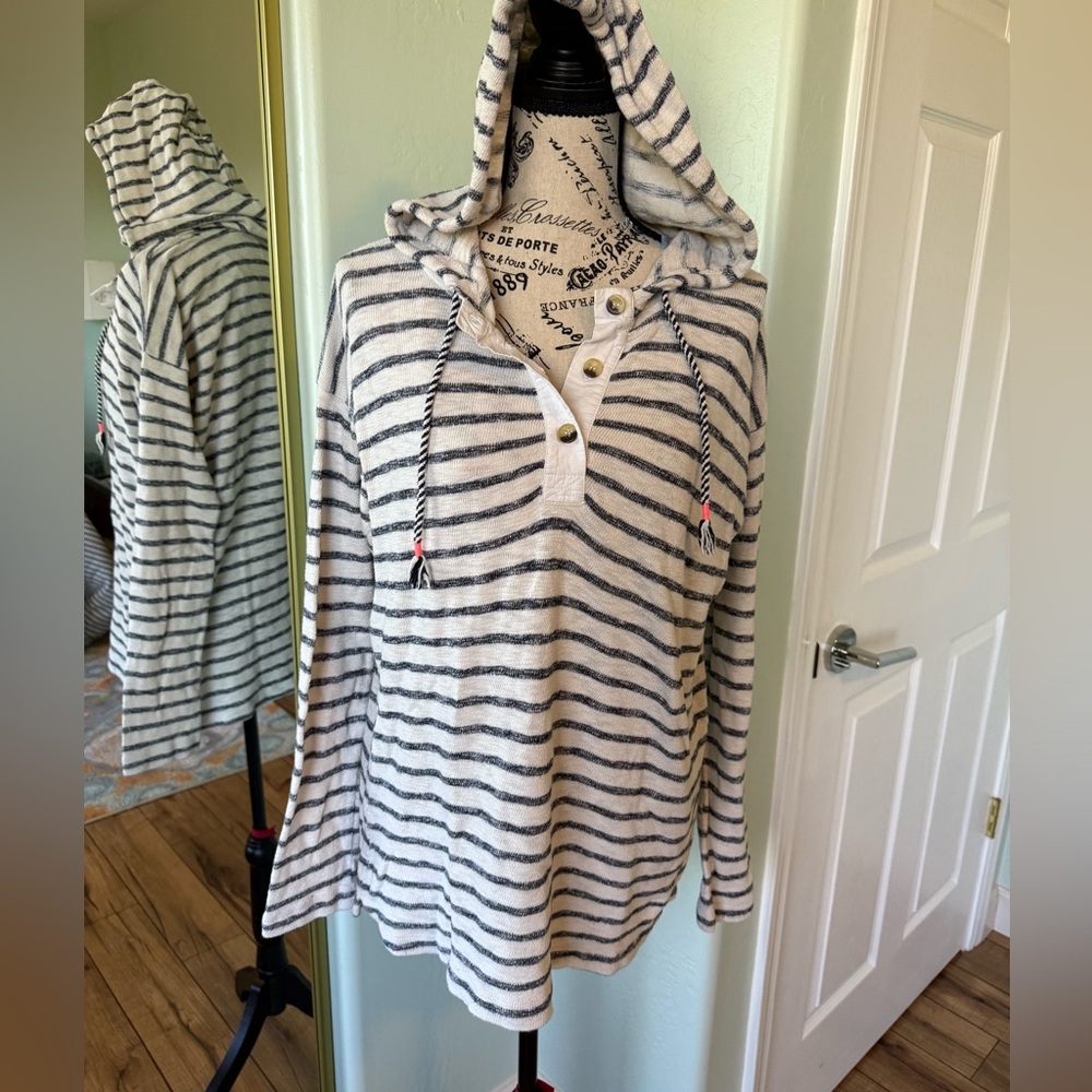 Sundry Dark Blue and Ivory Cream Striped Hoodie